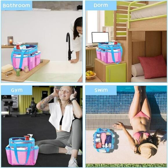 Mesh shower caddy tote bag quick dry dorm bathroom gym travel organizer pink - Picture 6 of 8